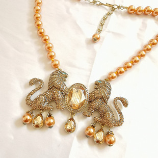 Vintage中古飾品D85新款 質(zhì)感異形獅子滿鉆珍珠街拍走秀復(fù)古項(xiàng)鏈