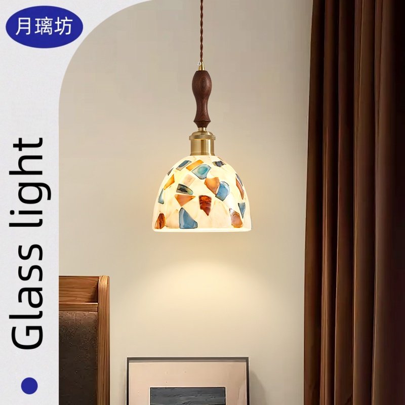 【彩贝】床头吊灯 中古美式复古餐厅玄关过道卧室木质吊线小吊灯