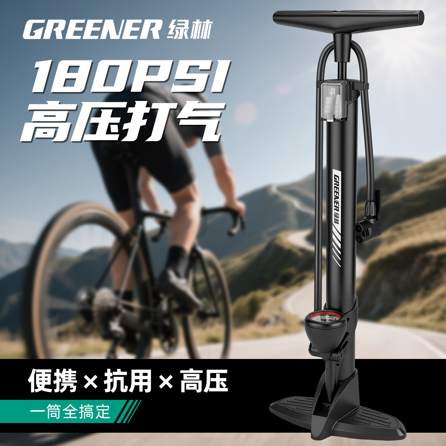 绿林新型高压打气筒自行车电动瓶车家用通用气压表便携式充气管子