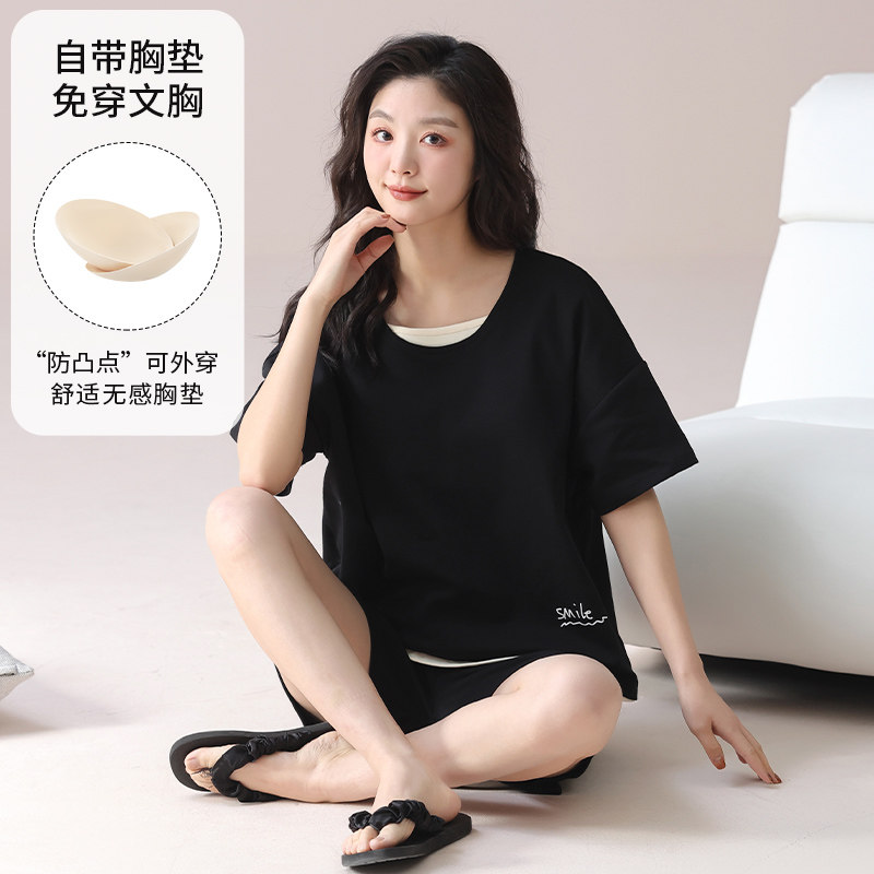 新款带胸垫睡衣女夏季短袖棉质薄睡衣/家居服套装