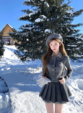 迟伞伞 mar格纹翻领针织开衫百搭上衣拼接格纹毛呢百褶裙短裙女