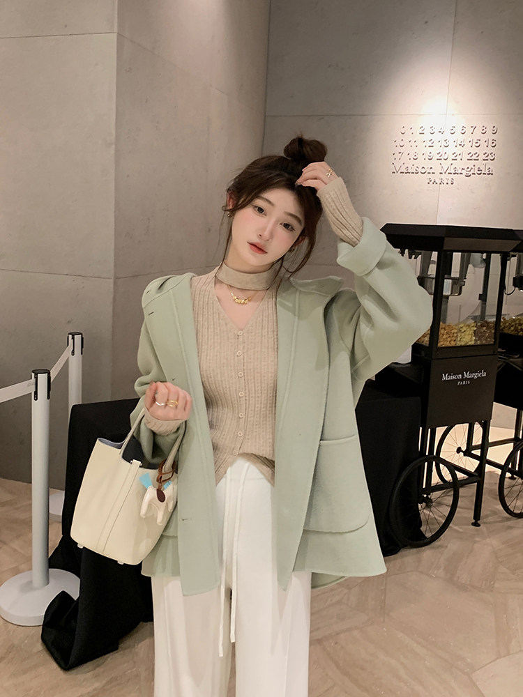 银狐绿羊毛连帽大衣外套