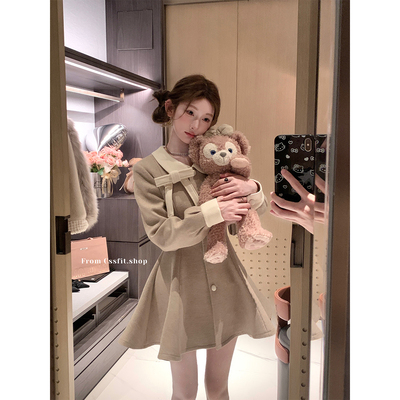 迟伞伞奶茶色蝴蝶结羊毛连衣裙