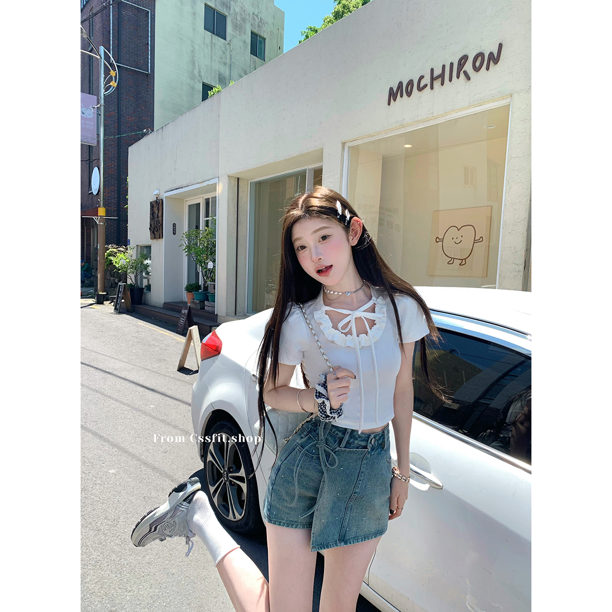 迟伞伞 夏至协奏曲 古董蝴蝶结系带棉tee&miu满天星牛仔裙裤夏