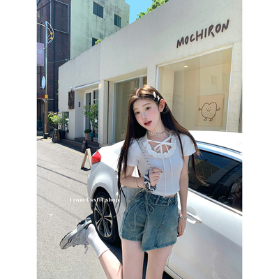 迟伞伞 夏至协奏曲 古董蝴蝶结系带棉tee&miu满天星牛仔裙裤夏