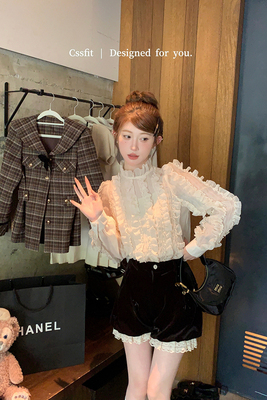 迟伞伞万搭款香槟裸色花边衬衫