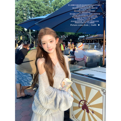 迟伞伞蓝灰马海毛毛衣吊带纱裙