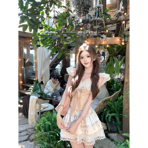 迟伞伞钉珠刺绣小飞袖绑带上衣