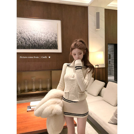 迟伞伞25/fw 二世谷雪道 小香25n滑雪系列海军针织上衣半裙套装