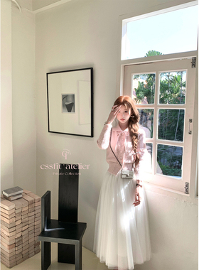 迟伞伞25/ss 桃绒Chérie 粉色收腰系带蝴蝶结镂空温柔羊毛开衫