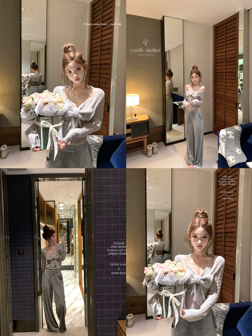Model wearing a light gray knit top and matching satin pants in a mirror collage