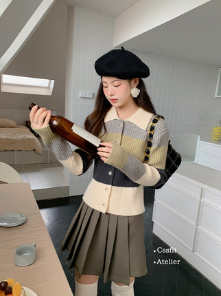 迟伞伞 23/ss 英式muffin 拼色条纹翻领针织衫百搭显瘦气质上衣女