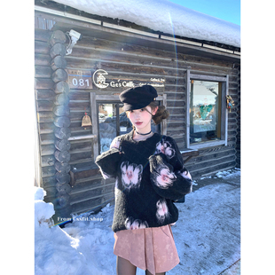 迟伞伞 粉墨私藏 马海毛粉花oversized套头大毛衣晕染粉百褶皮裙