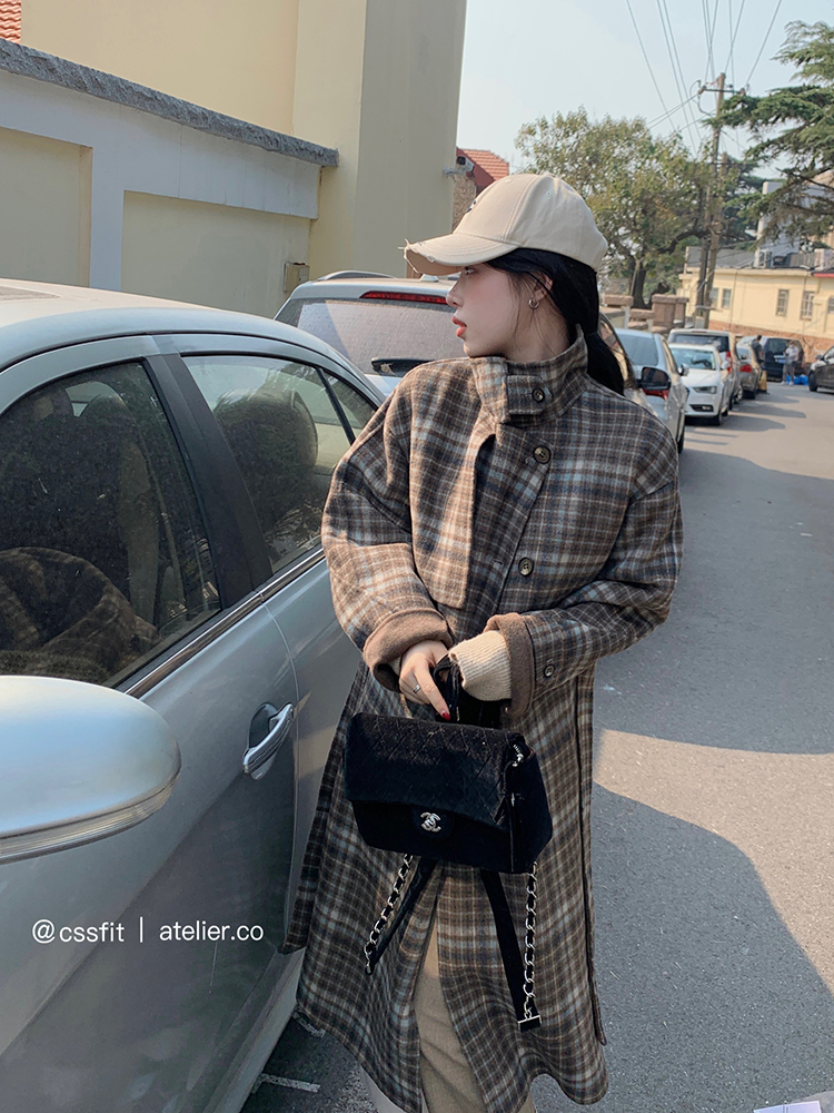 双面格纹羊毛风衣式大衣