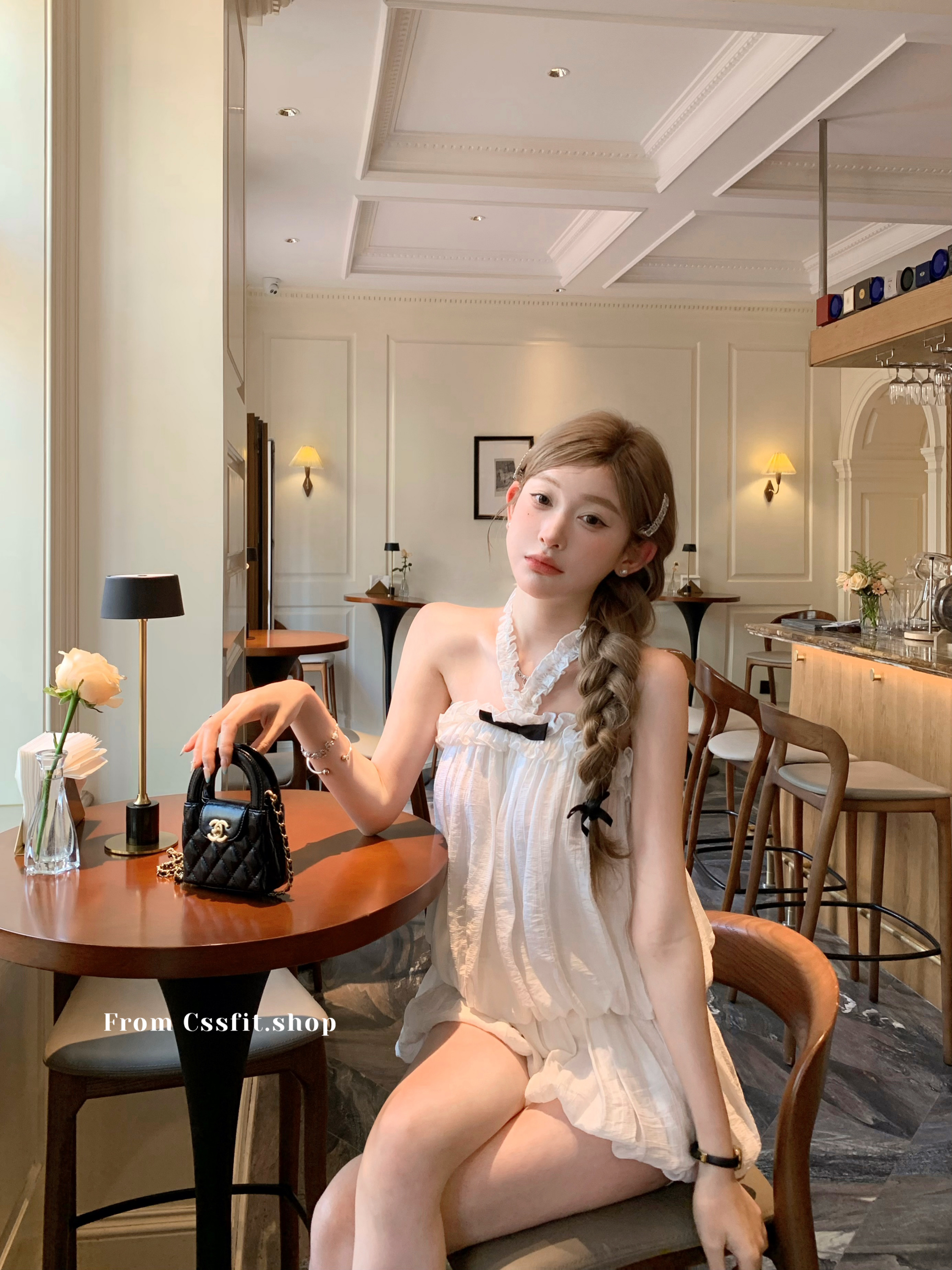 迟伞伞 山茶典藏 蝴蝶结花边挂脖显瘦上衣蓬蓬裙裤温柔时髦套装夏