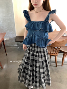 迟伞伞 lovesick 经典黑白格柔棉打揽半身长裙/千层短裙夏