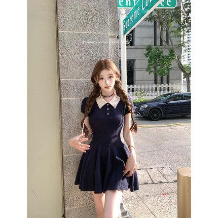 迟伞伞25/ss 窗外佛罗伦萨 钉钻棉质花朵领polo连衣裙藏青/灰两色