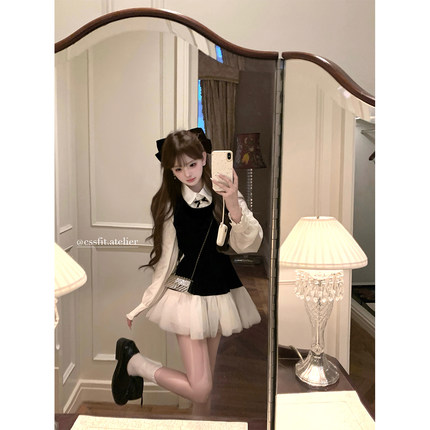 迟伞伞 强推bi入 韩女丝绒拼纱无袖背心裙短裙天丝蝴蝶结衬衫女