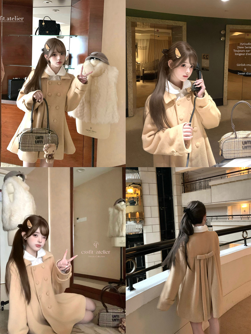 Camel double-breasted coat worn by a model in a boutique setting