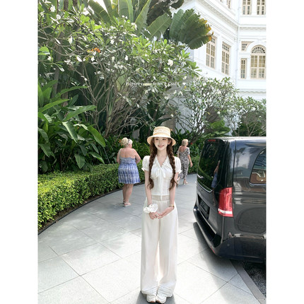 迟伞伞25/ss Lizzy记事本 系带白衬衫蕾丝边天丝棉花边白直筒裤秋