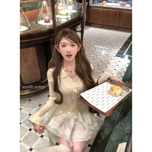 迟伞伞米奶黄系带假两件针织衫