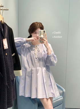 迟伞伞 25/ss 微风伊甸 蓝色条纹甜美连衣裙灯笼袖系带圆领衬衣裙