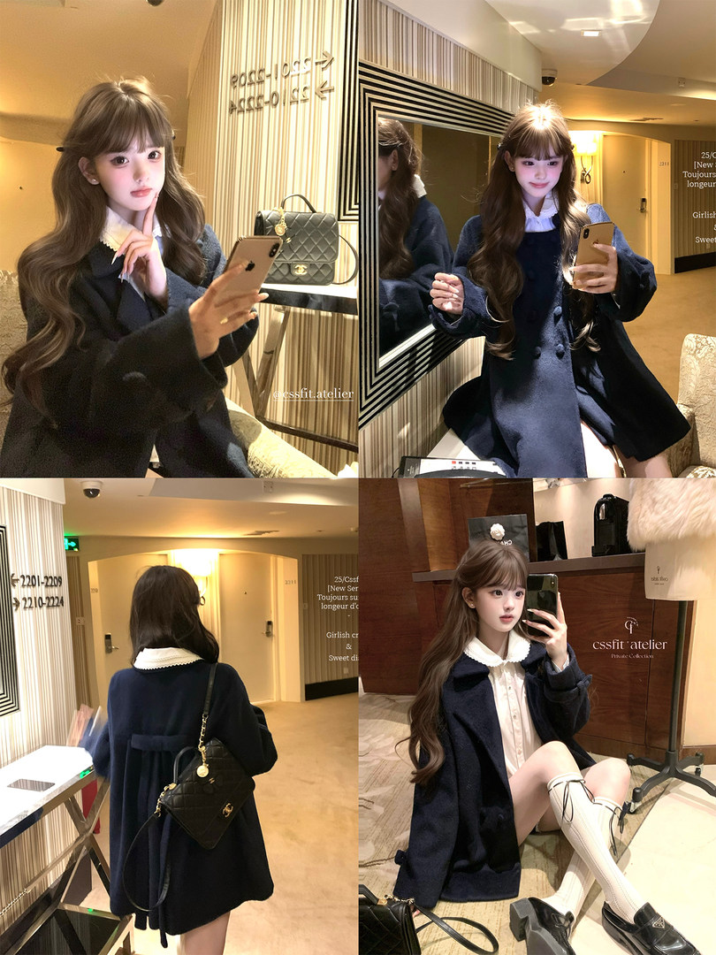 Collage of a navy coat-and-dress outfit worn by a model in a mirror selfie