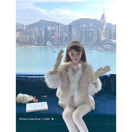 迟伞伞25/fw 布蕾天使 奶茶金渐变染色狐狸毛晕染皮草千金感外套