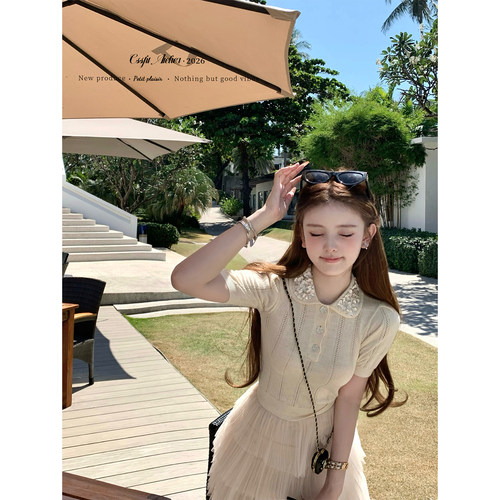 迟伞伞钻扣薄针织亮片领镂空短袖