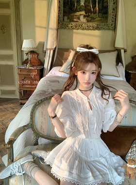 迟伞伞26/ss 碎碎荔枝冰isabel白色纯棉刺绣蕾丝系带上衣半裙套装