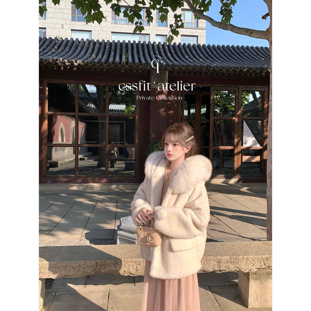 迟伞伞 中古环保貂貂 可拆卸球球狐狸毛领连帽环保气质皮草外套女