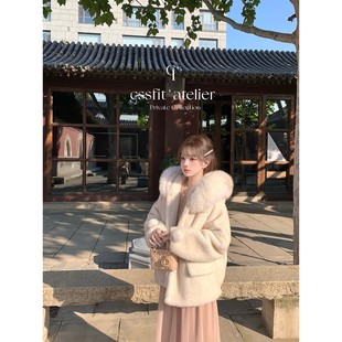 迟伞伞 中古环保貂貂 可拆卸球球狐狸毛领连帽环保气质皮草外套女