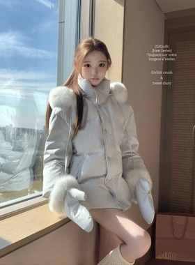 迟伞伞25/fw 白雪Ashley 90白鸭绒真狐狸毛定染baby蓝手套羽绒服