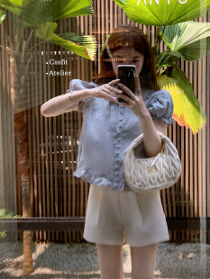 巴黎白西装 显瘦直筒裤 韩版 短裤 绸缎拼接 型好正 版 迟伞伞