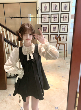 迟伞伞25/fw 黑檀珍珠 pra*黑蝴蝶结无袖背心裙香槟天丝衬衫套装