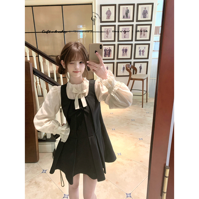 迟伞伞黑蝴蝶结背心裙立领衬衫