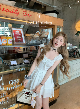 迟伞伞 初夏月神 uo刺绣小波点打揽收腰小白裙短款/长款连衣裙女