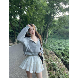 迟伞伞 漫步奥克兰 原创小熊吊带lulu蝴蝶结棉质灰色卫衣短外套