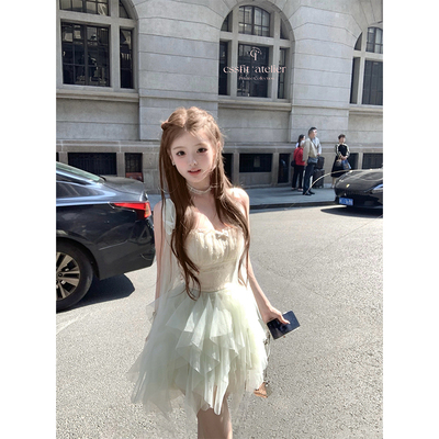 迟伞伞定染蕾丝不规则飘带连衣裙