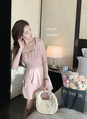 迟伞伞  Dimple 80天丝樱粉芭蕾套装系带无袖方领吊带两件套