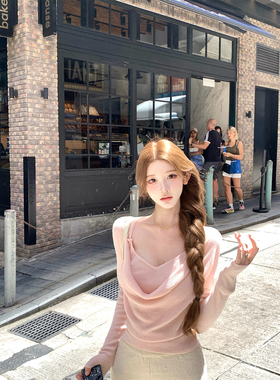 迟伞伞26/ss 粉莓心事 假两件羊毛荡领针织上衣柔雾粉瓷白两色入