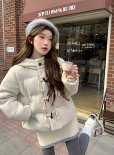 燕麦毛呢连帽牛角扣鸭绒羽绒服女冬季 迟伞伞 Falbalas早餐