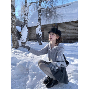 迟伞伞 百搭短上衣女 赫尔辛基 混色蓝灰蝴蝶结连帽系带针织衫