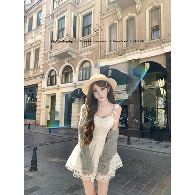 迟伞伞镂空刺绣手工小白花连衣裙