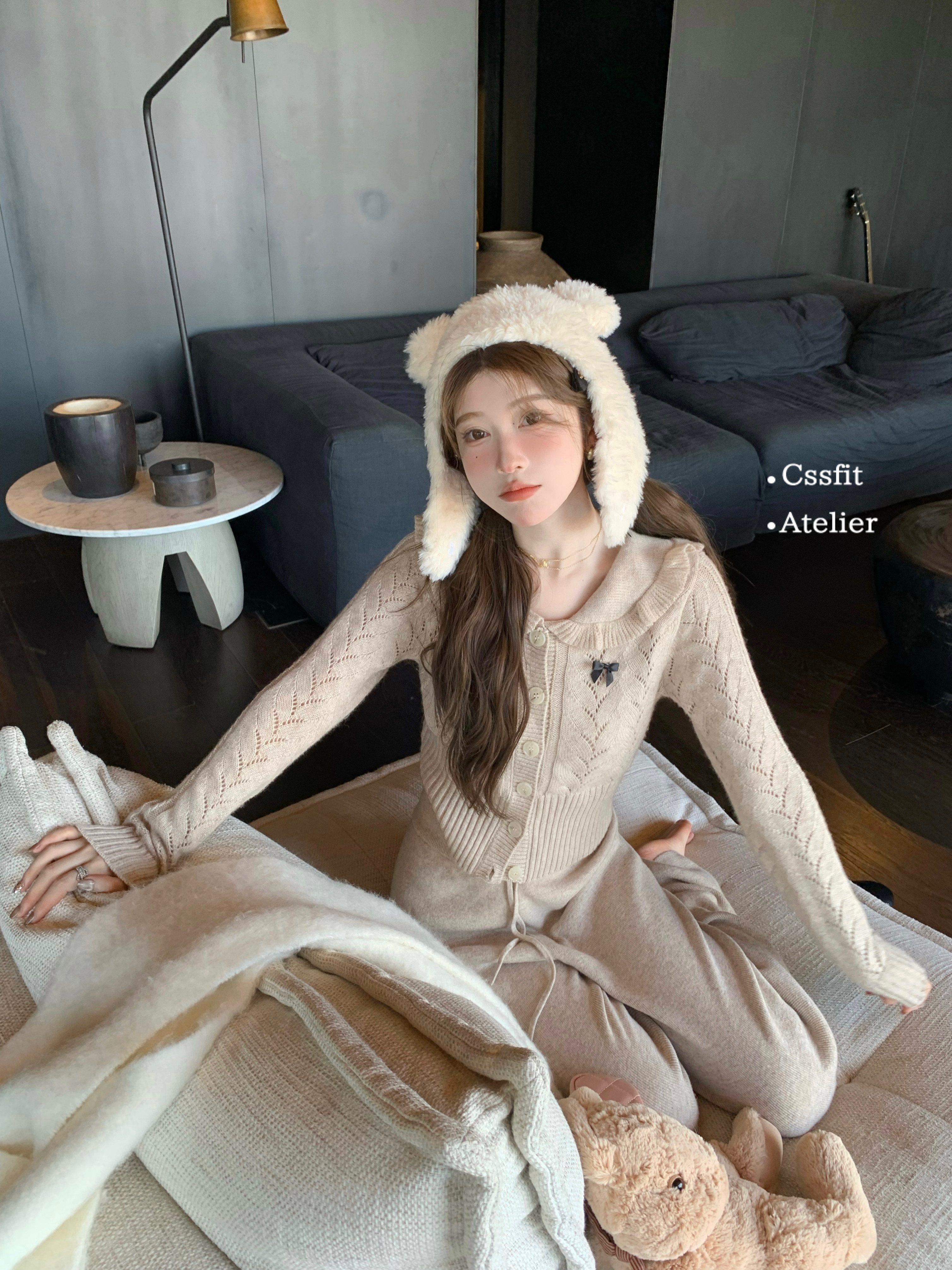 迟伞伞 25/ss 慵懒周末 少女感燕麦色澳洲羊毛蝴蝶结上衣半裙长裤