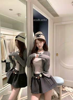 迟伞伞25/fw 秀场新贵  miu系假两件菠萝纹羊毛开衫花朵腰链半裙