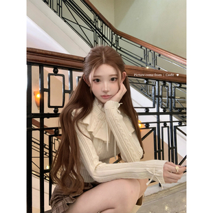 秀场麻花系带花边领奶白针织衫 圣诞银铃 甜美短上衣 迟伞伞25