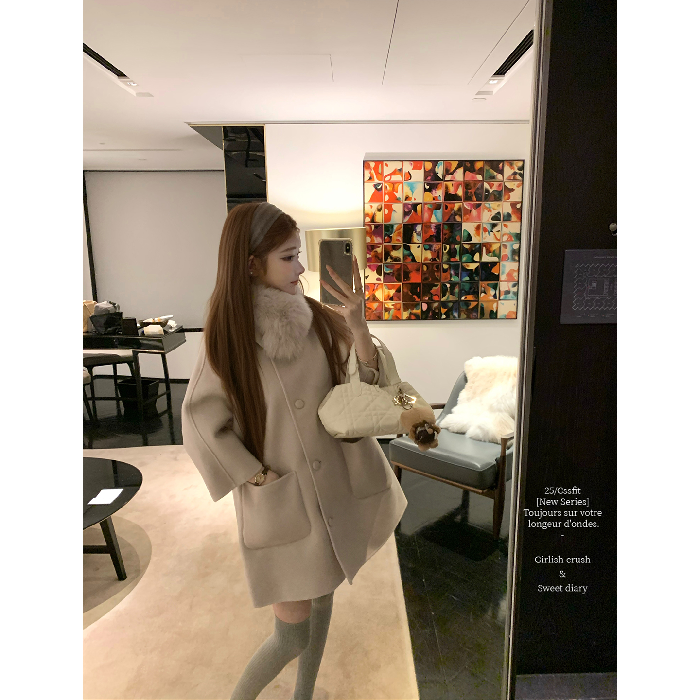 迟伞伞定染灰紫色狐狸毛领大衣