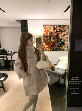 迟伞伞25/fw 丁香信笺 定染灰紫色100羊毛双面呢狐狸毛领大衣外套