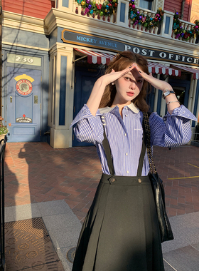 迟伞伞 25/ss 首尔Frieze 小翻领蓝色条纹衬衫女气质法式百搭上衣